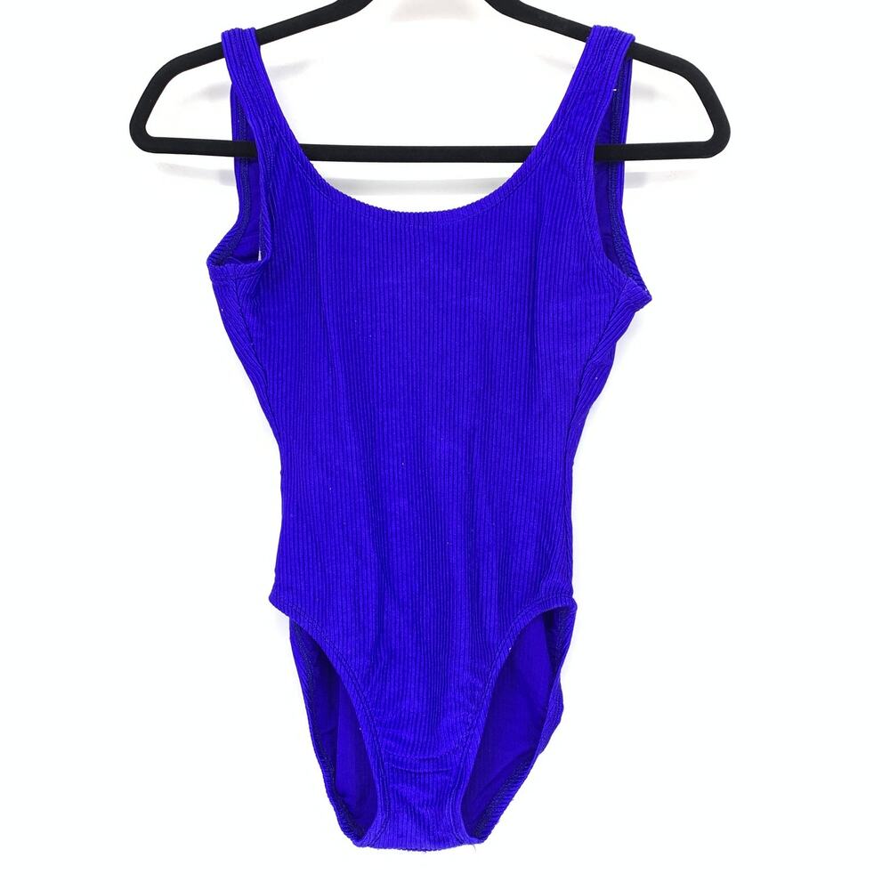 Catalina Swimsuit Womens 8 Blue Ribbed Shelf Bra High Cut Scoop Back Wide Straps